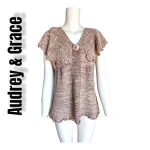 Audrey & Grace Cotton Mini Cap Sleeve Top Slub Curly Hem Size M Beige Marled